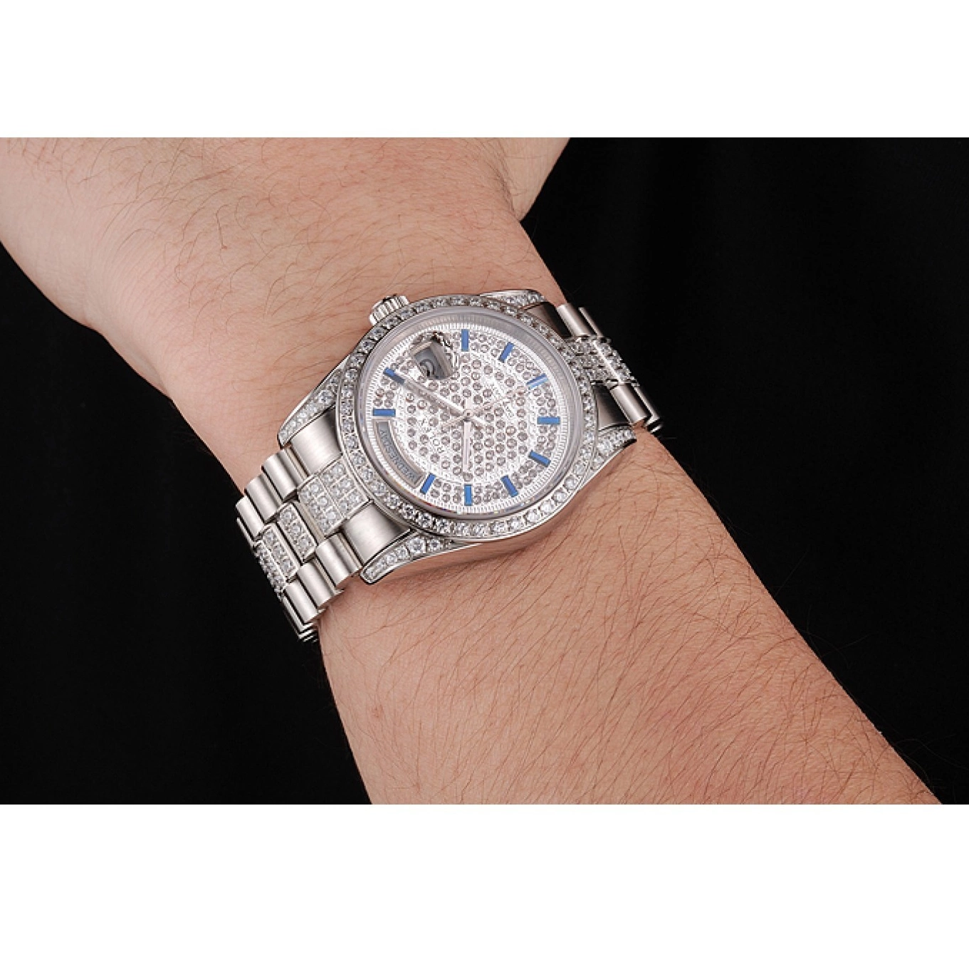 AAA replica watch Swiss Rolex Dial Stainless And Day Diamond And Steel Bezel Date Pave Bracelet 0721